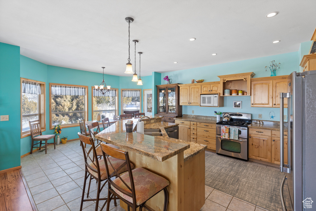 Kitchen with stainless steel appliances, healthy amount of natural light, a sink, a kitchen bar, and recessed lighting