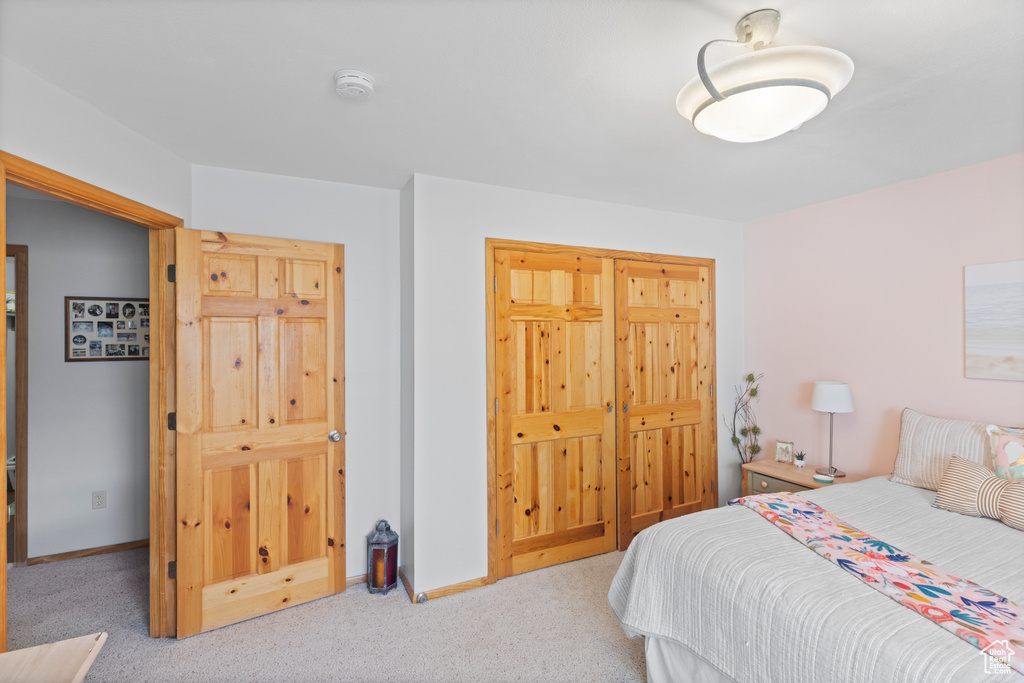 Bedroom featuring carpet, baseboards, and a closet