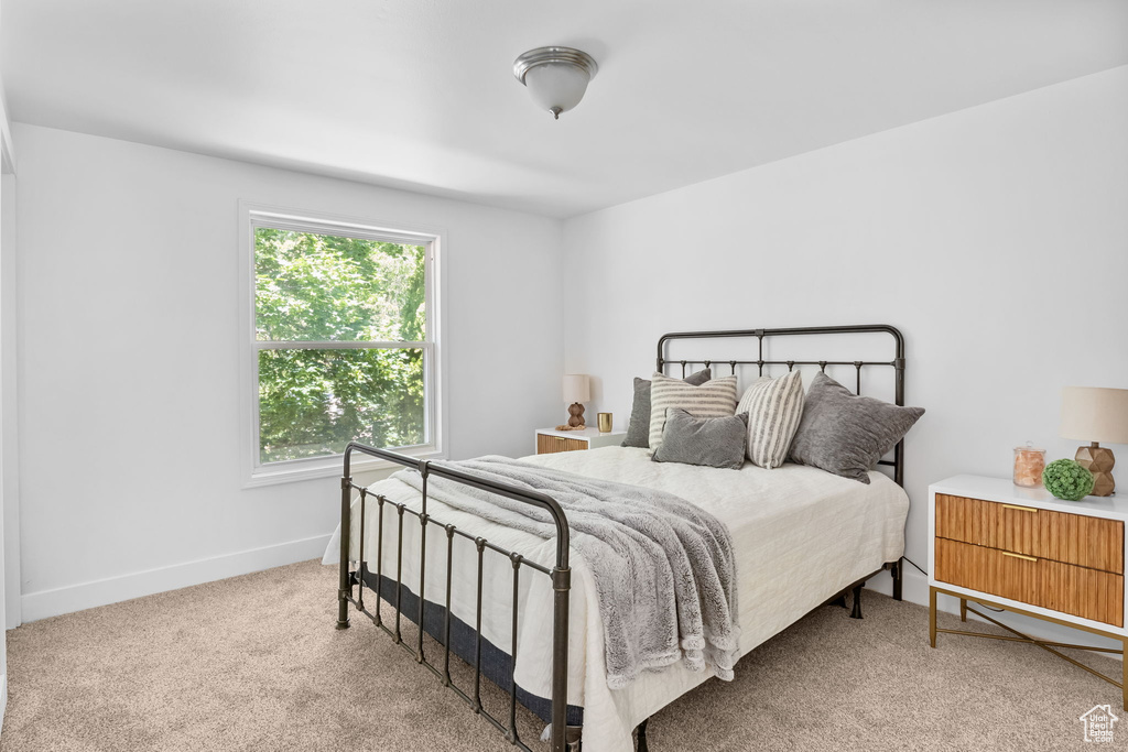 Bedroom featuring multiple windows, carpet floors, and baseboards