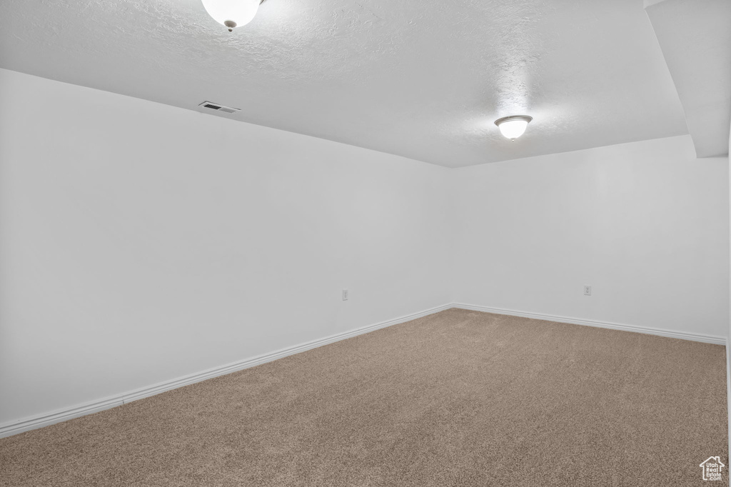 Carpeted empty room featuring a textured ceiling and baseboards