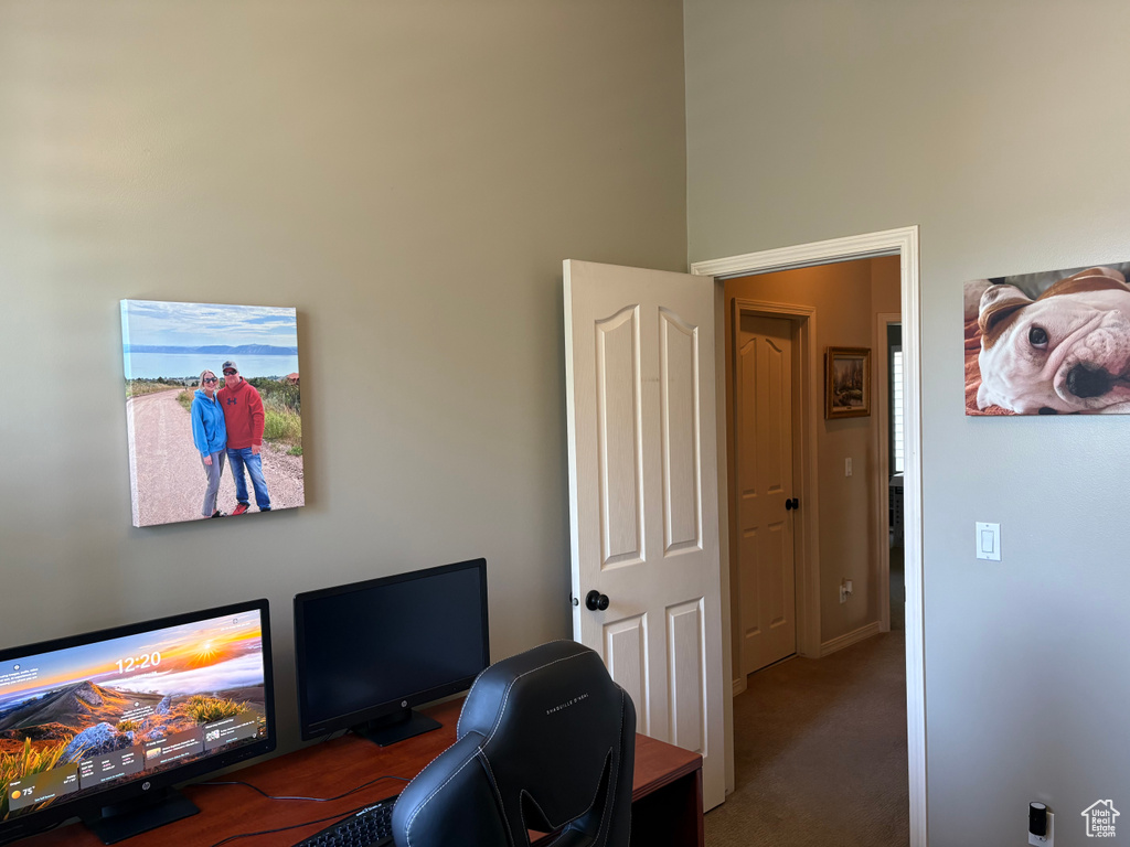 View of carpeted home office
