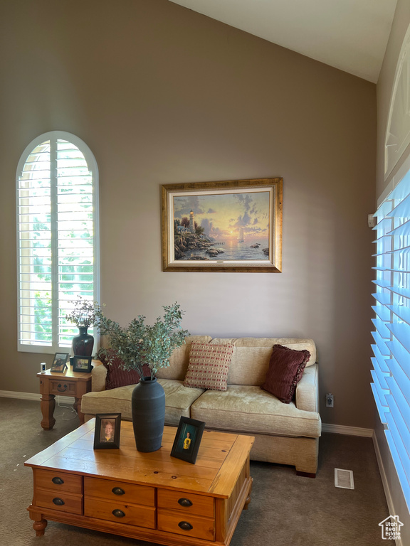 Living room featuring dark carpet, lofted ceiling, and plenty of natural light