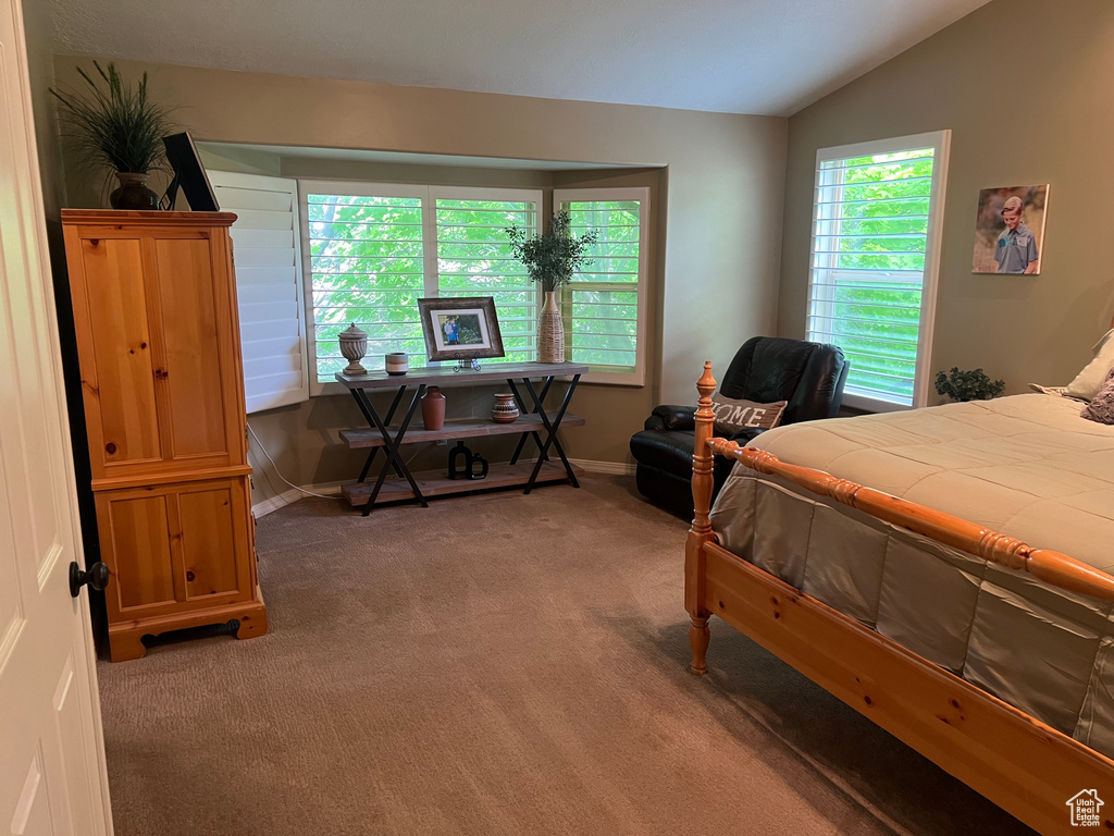 Bedroom with light colored carpet, lofted ceiling, and baseboards