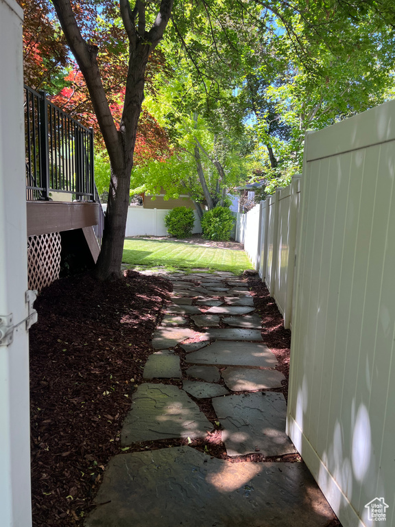 Fenced backyard featuring a wooden deck