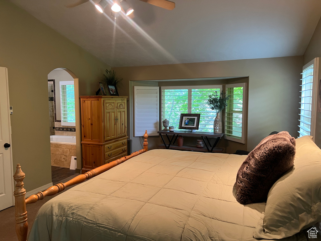 Bedroom featuring lofted ceiling, arched walkways, ensuite bath, and ceiling fan