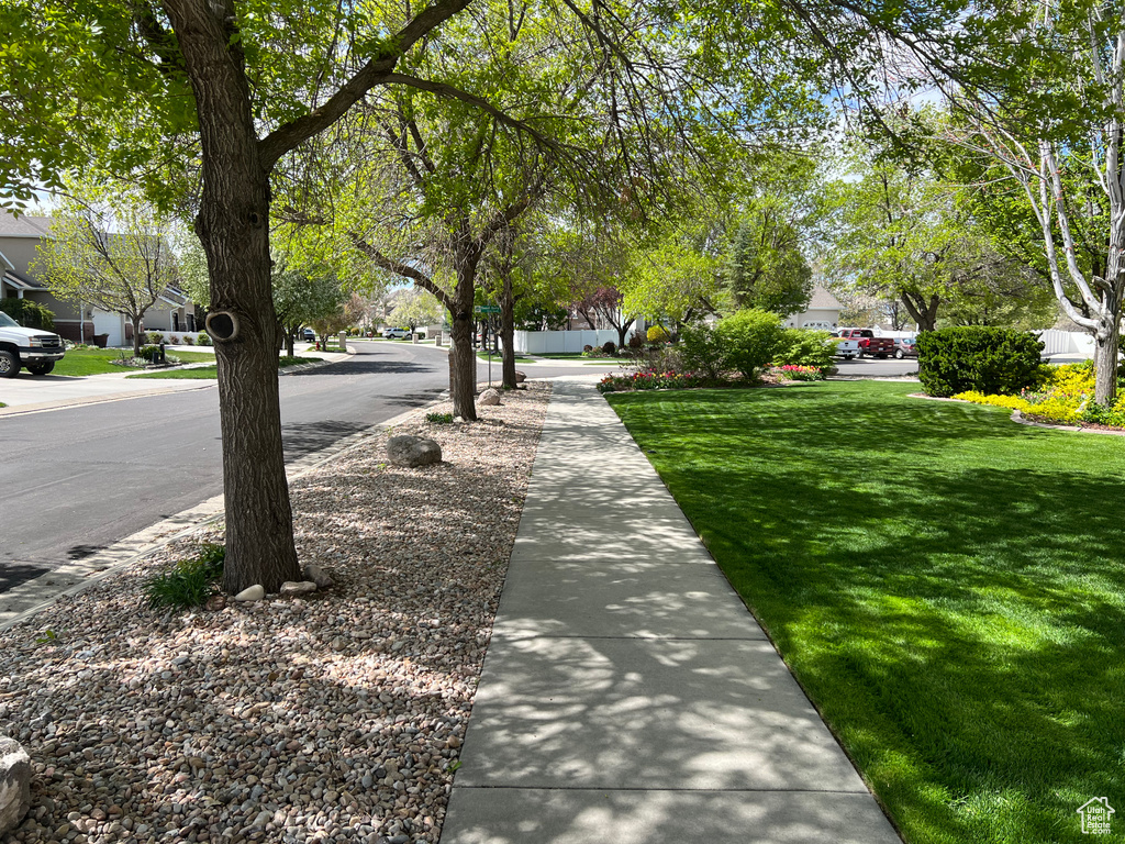 View of asphalt street with a residential view and sidewalks