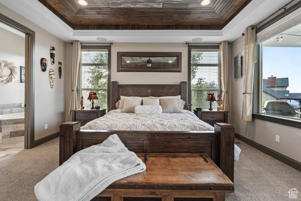 Bedroom with a raised ceiling, light colored carpet, crown molding, baseboards, and recessed lighting