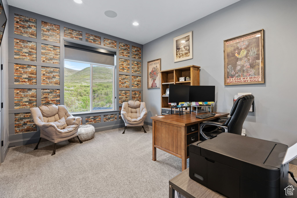 Office area with light colored carpet, baseboards, and recessed lighting