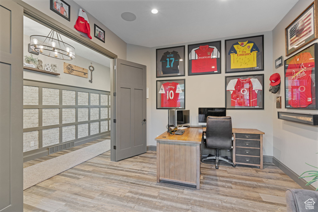 Office featuring a chandelier, light wood-style flooring, recessed lighting, and baseboards