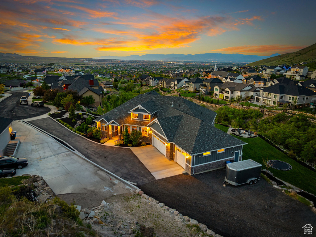 Aerial perspective of suburban area with mountains
