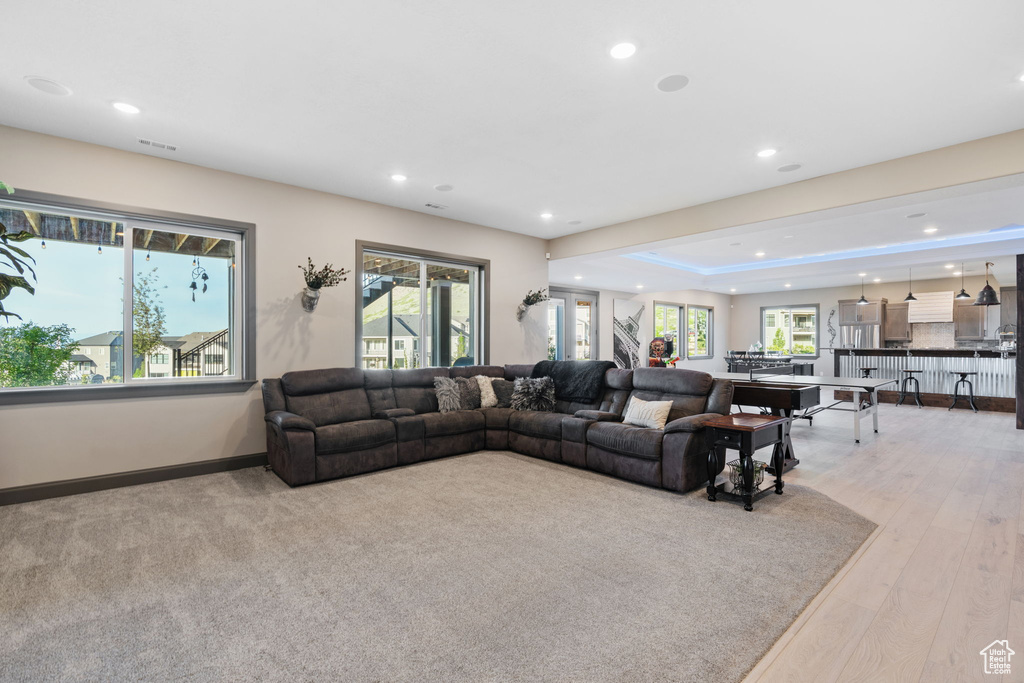 Living area with recessed lighting, plenty of natural light, baseboards, wood finished floors, and a tray ceiling