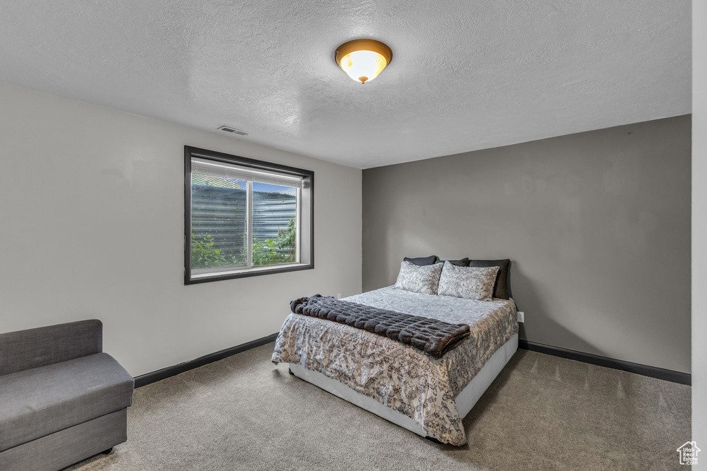 Bedroom featuring carpet flooring, a textured ceiling, and baseboards