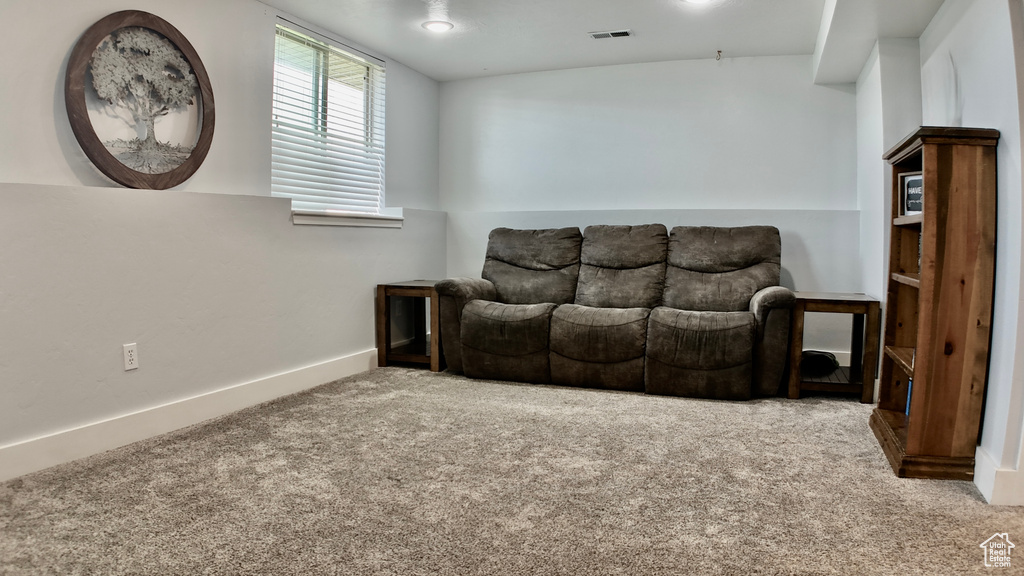 Living area featuring carpet and baseboards