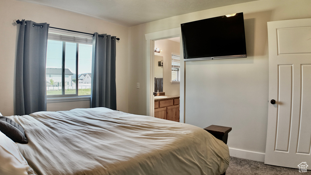 Bedroom featuring carpet floors, baseboards, and a sink