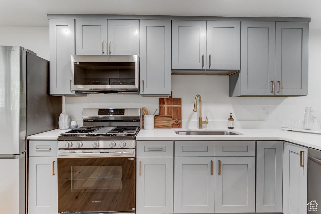 Kitchen with stainless steel appliances, a sink, gray cabinetry, and light countertops