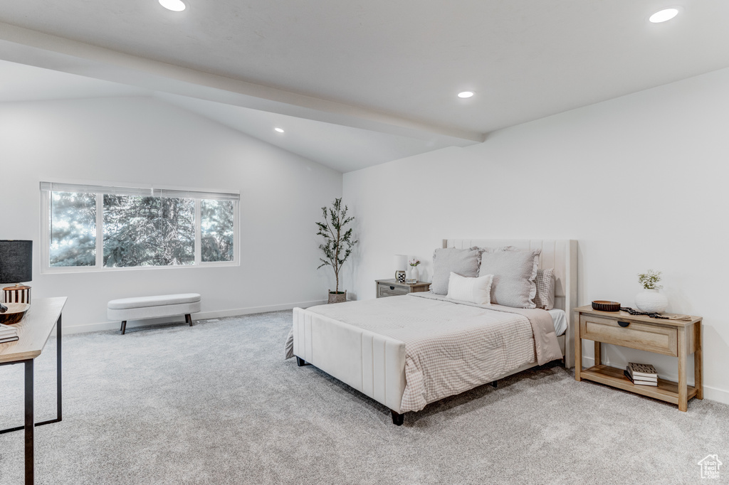 Carpeted bedroom with recessed lighting, lofted ceiling, and baseboards