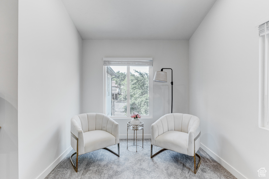 Sitting room featuring carpet flooring and baseboards