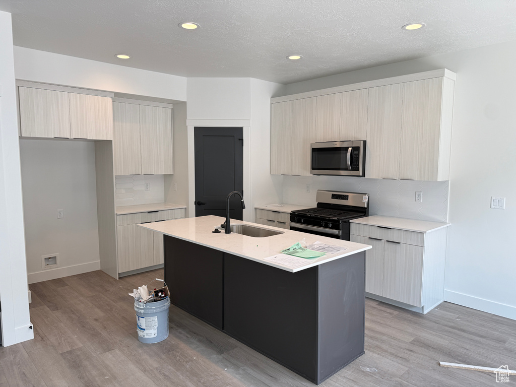 Kitchen with modern cabinets, a sink, baseboards, stainless steel appliances, and light wood-style flooring