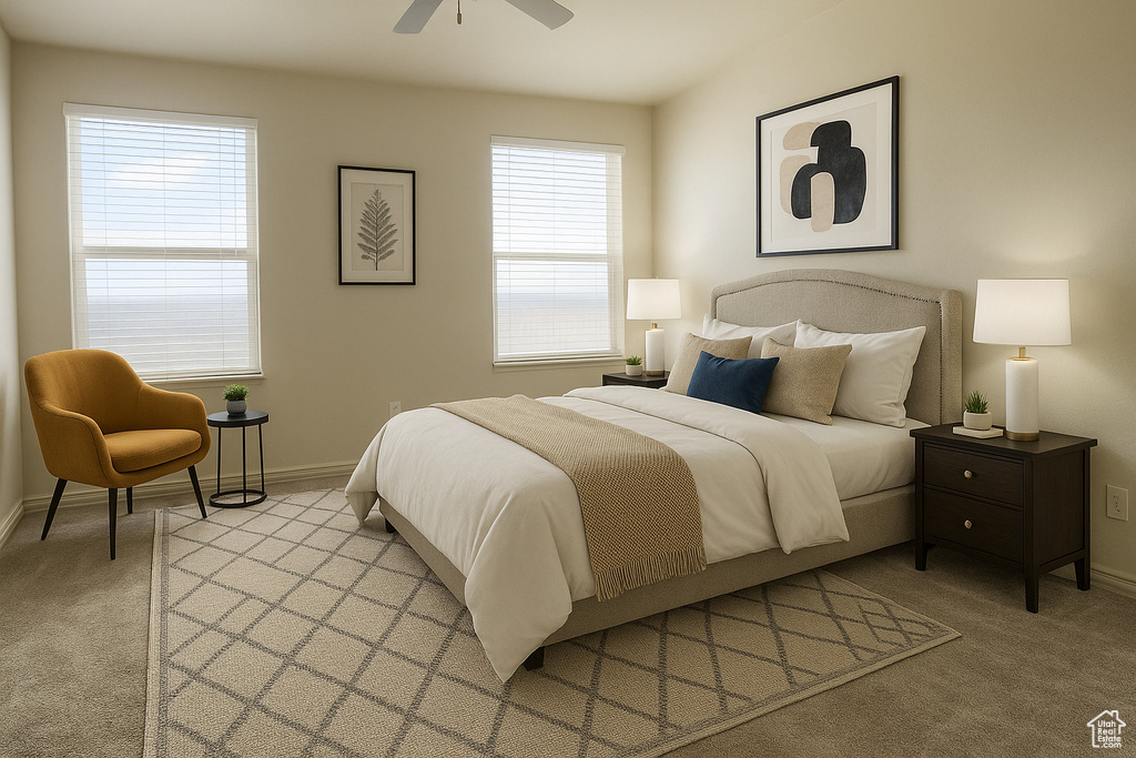 Bedroom featuring light carpet, multiple windows, and baseboards