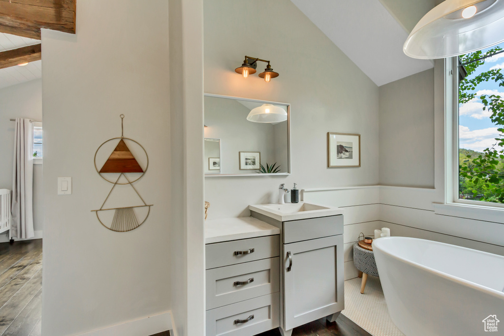 Full bathroom featuring plenty of natural light, wood finished floors, vanity, and a freestanding tub