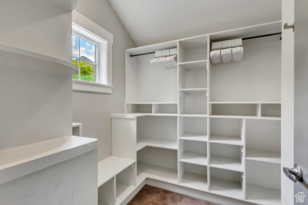 Walk in closet with lofted ceiling