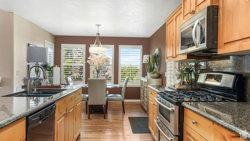 Kitchen featuring stainless steel appliances, light wood-type flooring, tasteful backsplash, a sink, and hanging light fixtures