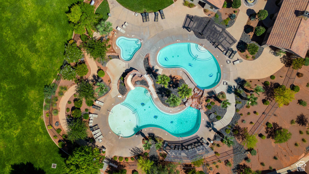 Bird\\\'s eye view of a pool