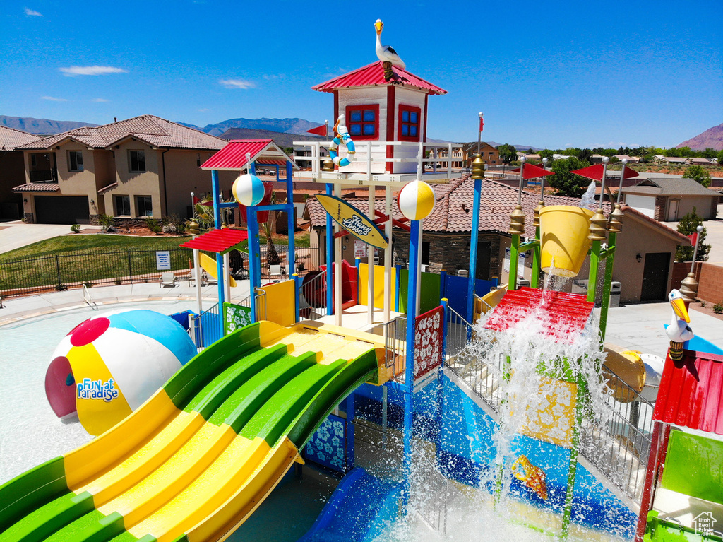 Communal playground with a mountain view