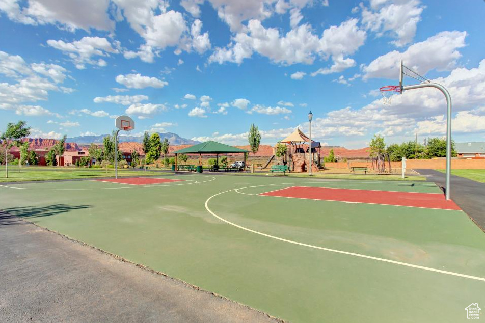 View of sport court with a gazebo, community basketball court, and a mountain view