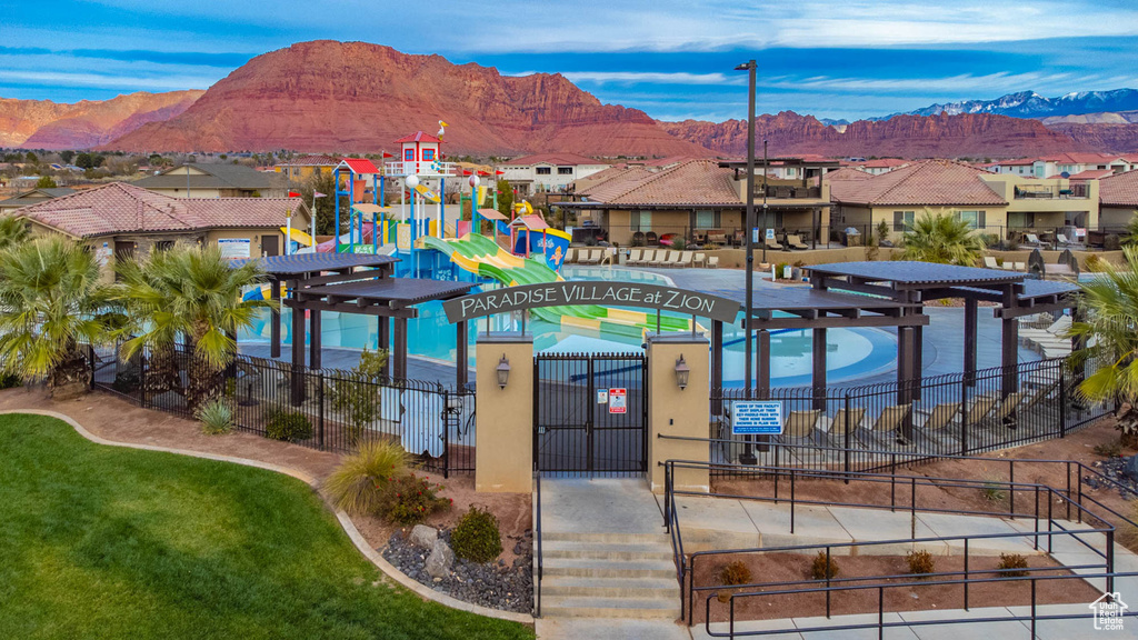 View of swimming pool featuring a mountain view and a residential view