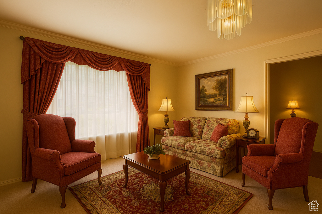Living room featuring light colored carpet and crown molding