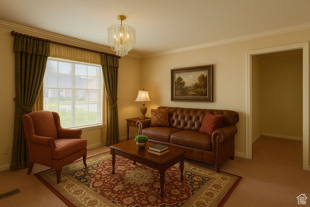 Living area featuring light carpet, a chandelier, baseboards, and ornamental molding