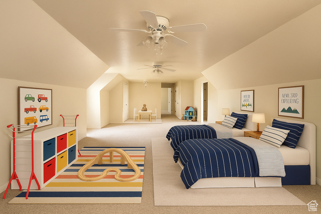 Bedroom with carpet, a ceiling fan, and baseboards
