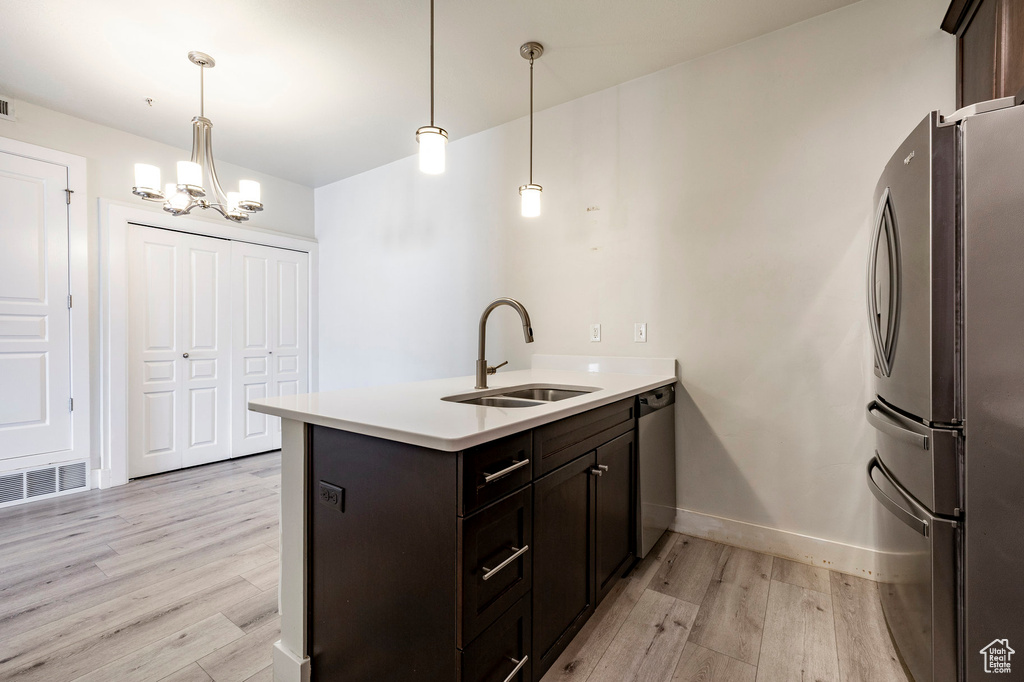 Kitchen with appliances with stainless steel finishes, a sink, light wood-type flooring, a peninsula, and light countertops