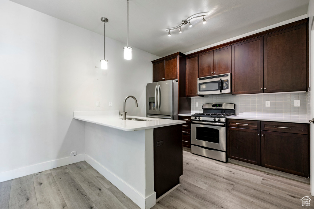 Kitchen with stainless steel appliances, a sink, light wood-type flooring, and dark brown cabinets