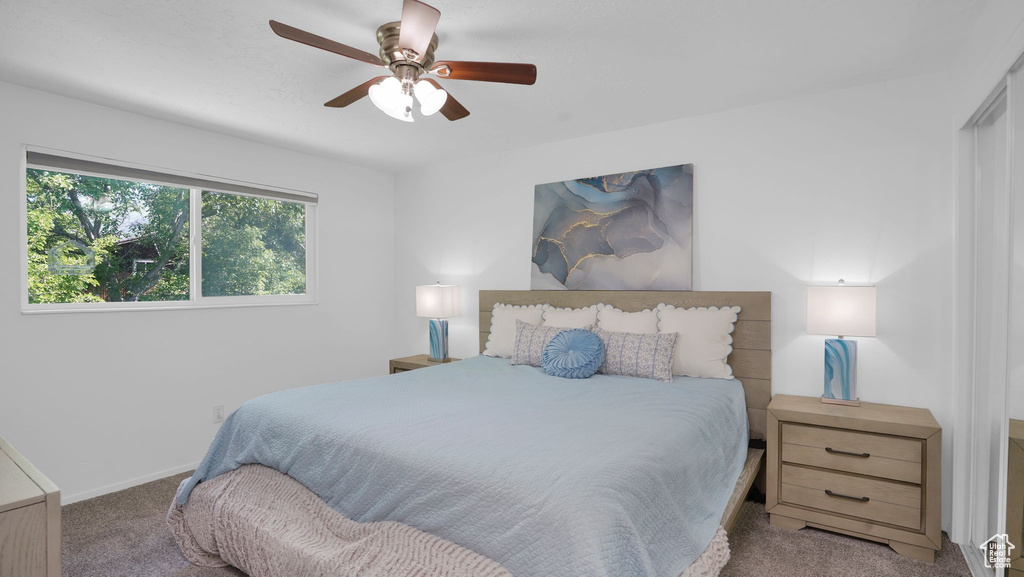 Bedroom with carpet, ceiling fan, and baseboards