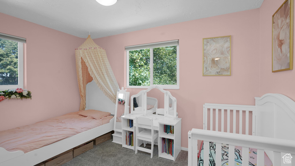 Bedroom with multiple windows and carpet flooring