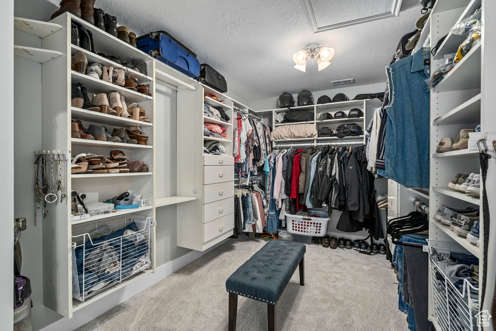 Walk in closet with attic access and carpet
