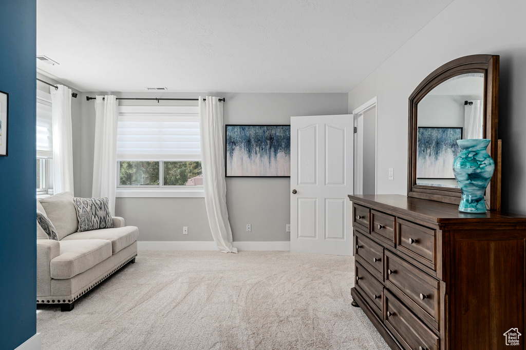 Sitting room with light carpet and baseboards