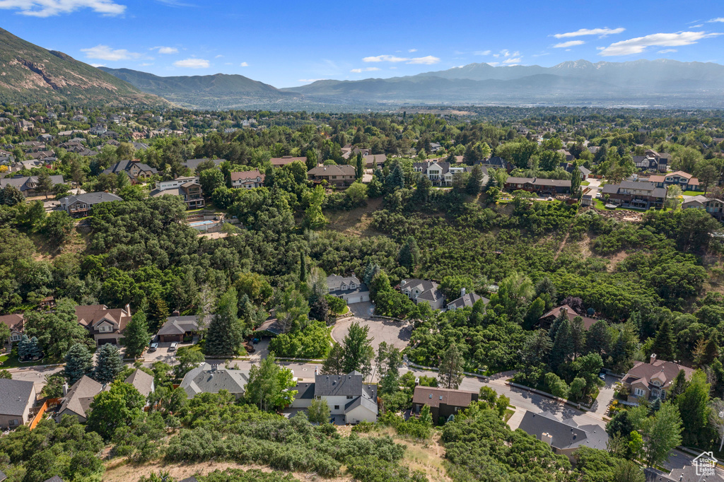 Aerial perspective of suburban area with a mountain backdrop