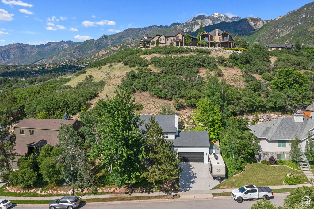 Aerial perspective of suburban area featuring mountains