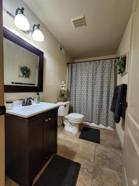 Bathroom with toilet, vanity, and a shower with shower curtain