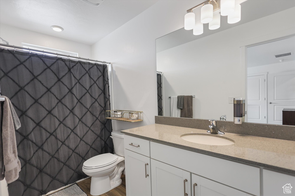 Bathroom featuring vanity, toilet, wood finished floors, and a shower with curtain