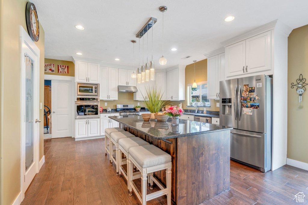 Kitchen with stainless steel appliances, under cabinet range hood, a kitchen island, white cabinetry, and recessed lighting