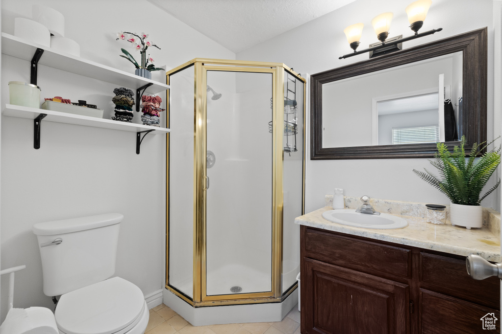 Bathroom with a shower stall, toilet, vanity, and tile patterned flooring