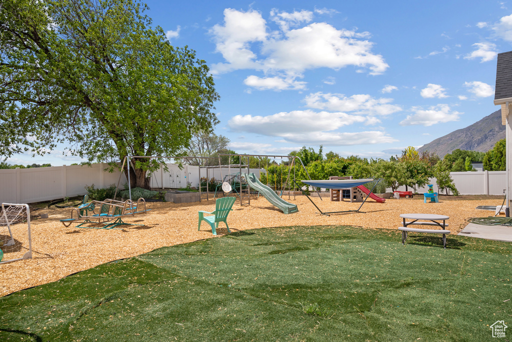 Communal playground with a mountain view