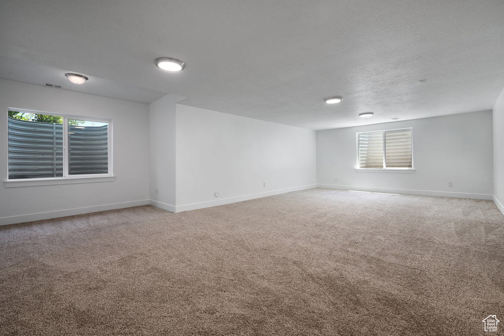 Empty room with light colored carpet, baseboards, plenty of natural light, and a textured ceiling