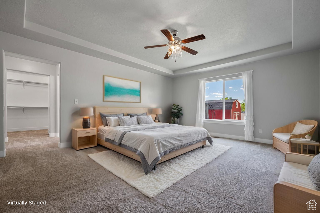 Bedroom with a tray ceiling, light carpet, baseboards, and a spacious closet