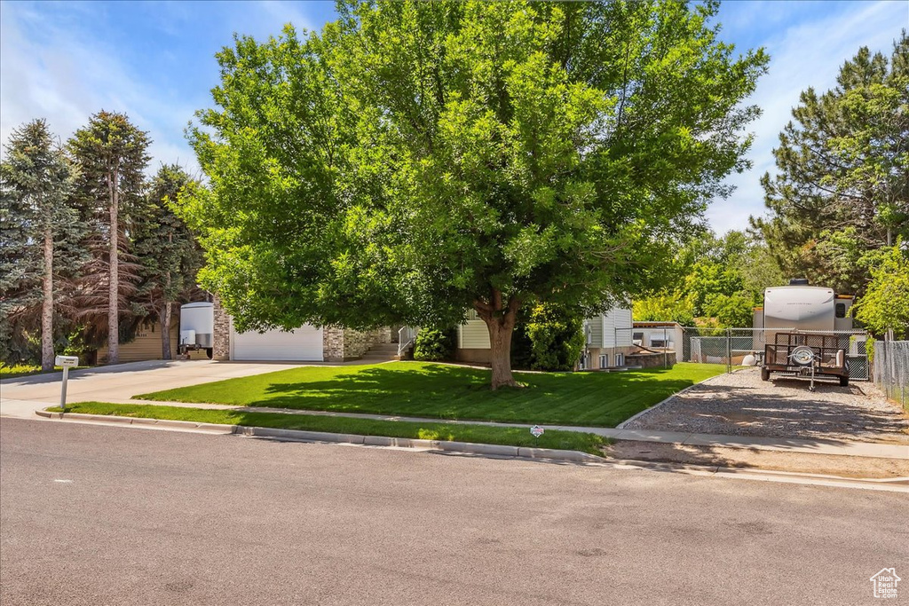 View of property hidden behind natural elements featuring driveway