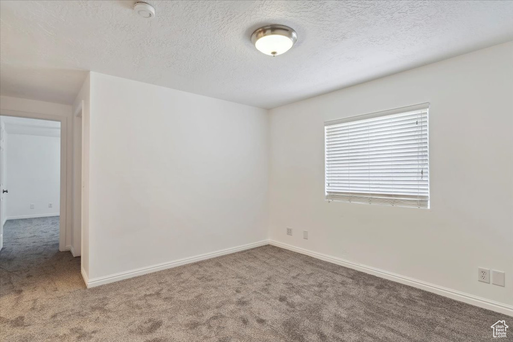 Empty room featuring carpet floors, a textured ceiling, a smoke detector, and baseboards